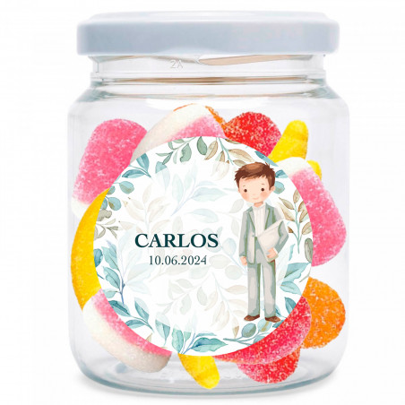 Pote com mix de doces sem glúten e adesivo de primeira comunhão personalizável para presentear