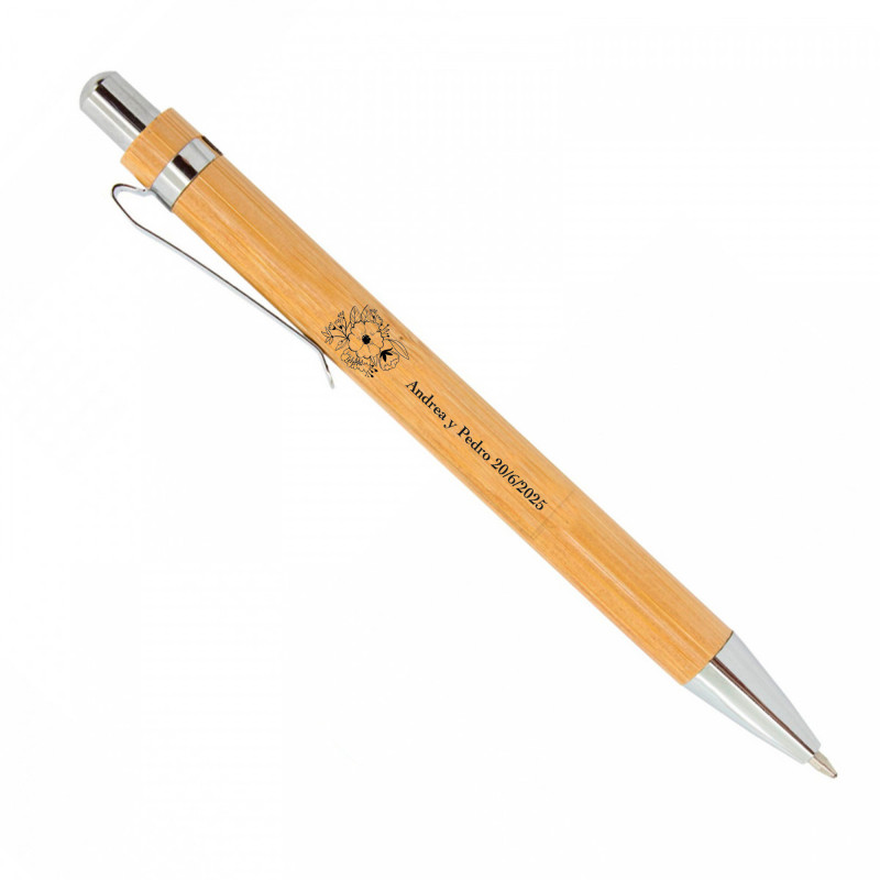 Caneta de bambu com adesivo floral personalizável para lembranças