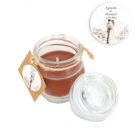 Vela aromática com cheiro de café em pote de vidro personalizado com adesivo para casamentos
