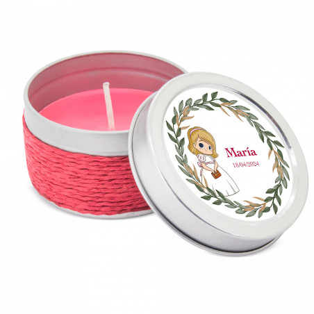 Vela aromática em caixa decorada com corda e tampa personalizada para comunhão menina