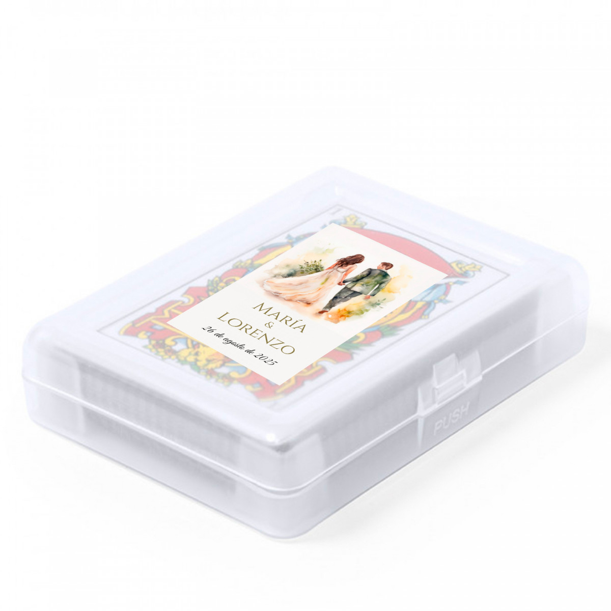 Baralho de cartas espanholas com estojo e adesivo de casamento personalizável para lembranças