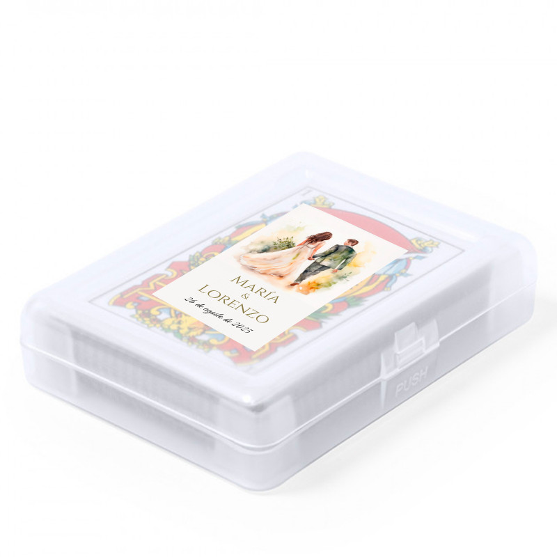 Baralho de cartas espanholas com estojo e adesivo de casamento personalizável para lembranças