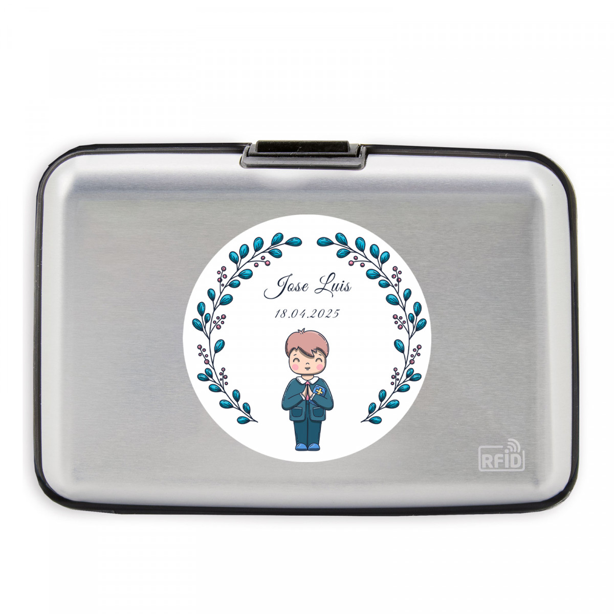 Porta-cartões personalizado com adesivo para primeira comunhão de menino