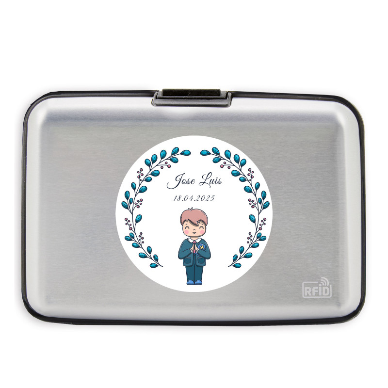 Porta-cartões personalizado com adesivo para primeira comunhão de menino