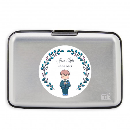 Porta-cartões personalizado com adesivo para primeira comunhão de menino
