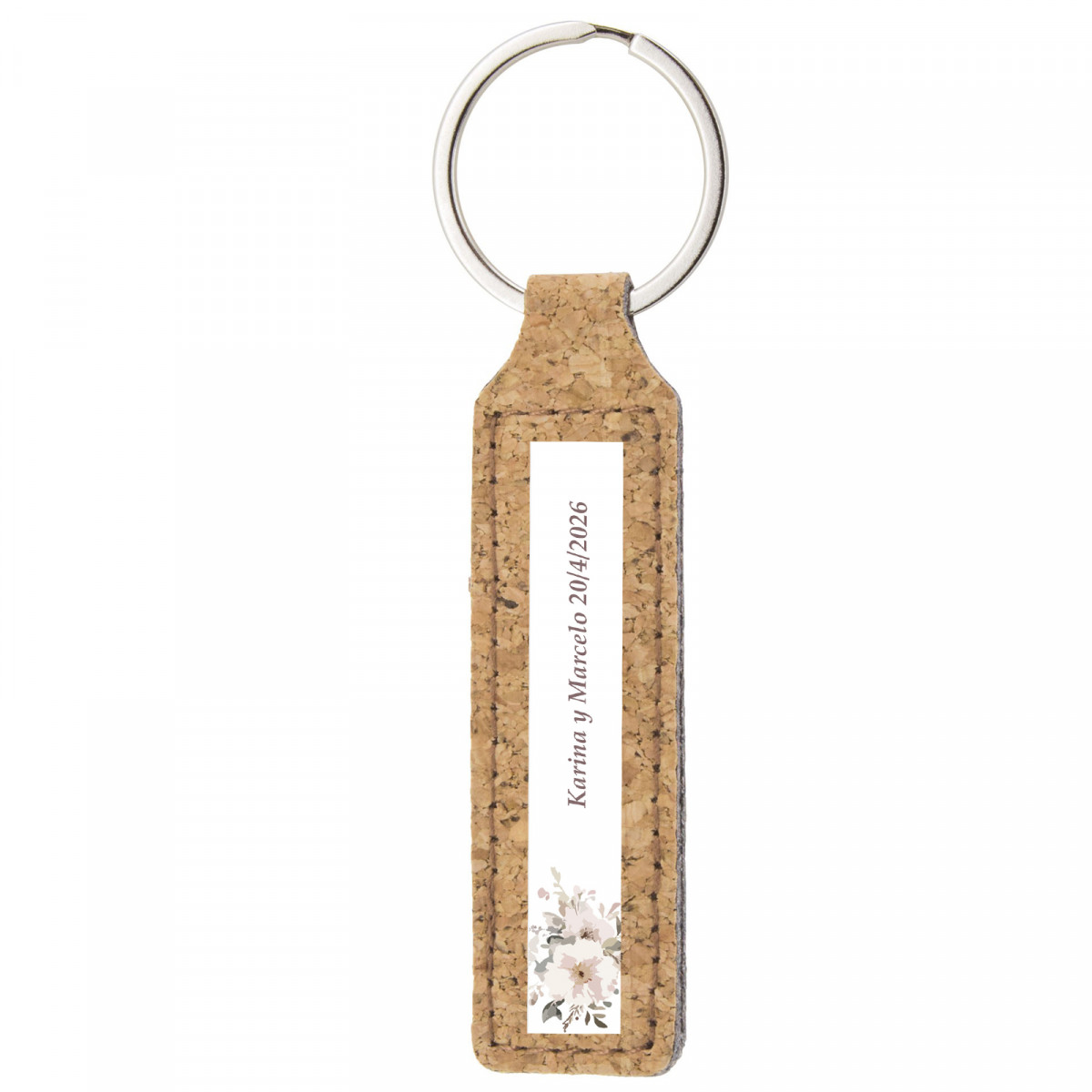 Chaveiro de cortiça personalizado com adesivo floral para eventos