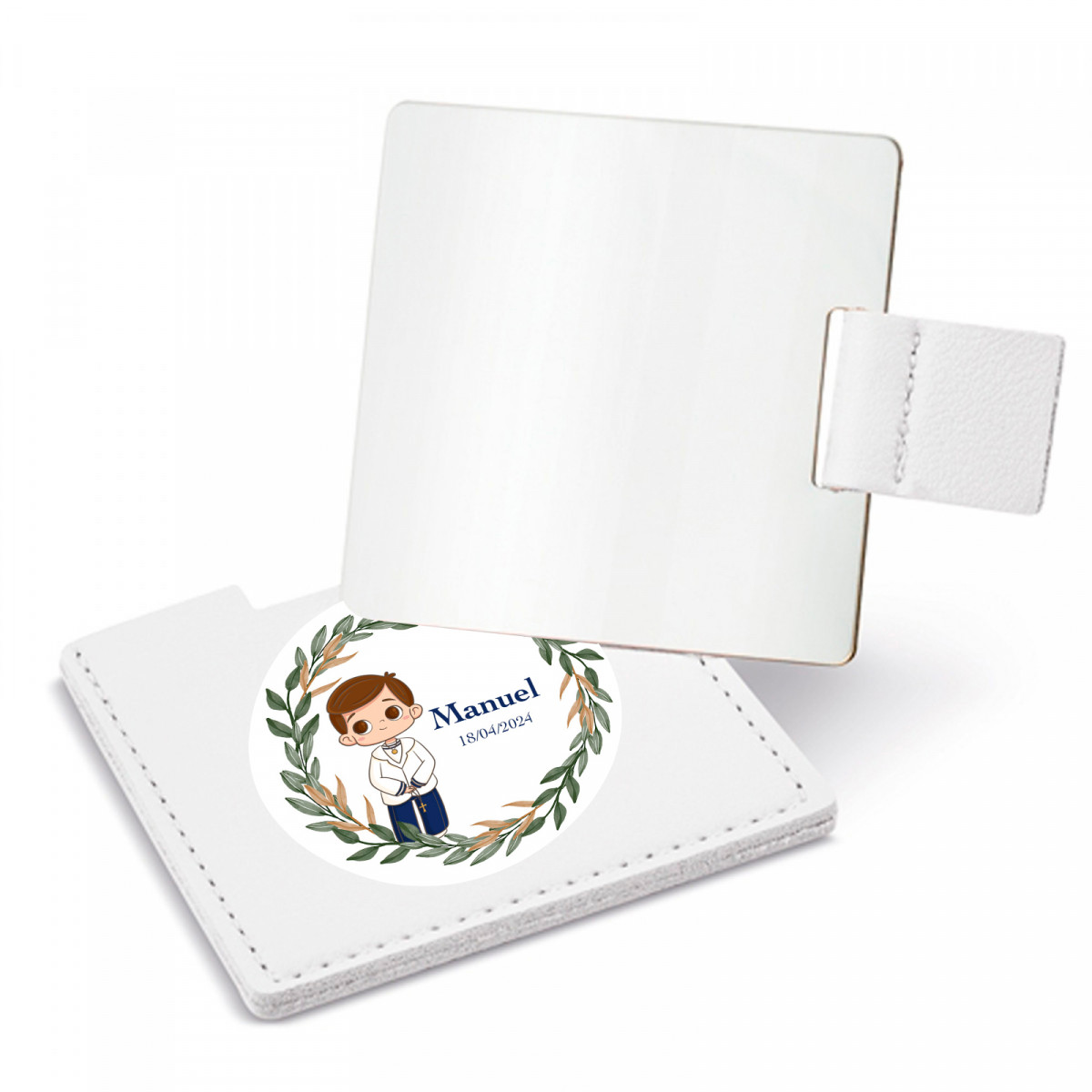 Espelho com estojo branco e adesivo de primeira comunhão menino para presentear
