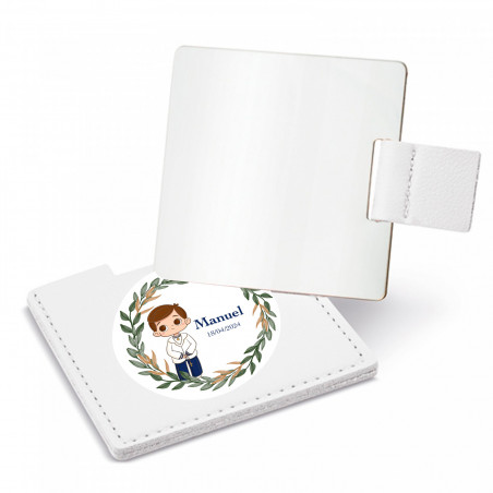 Espelho com estojo branco e adesivo de primeira comunhão menino para presentear