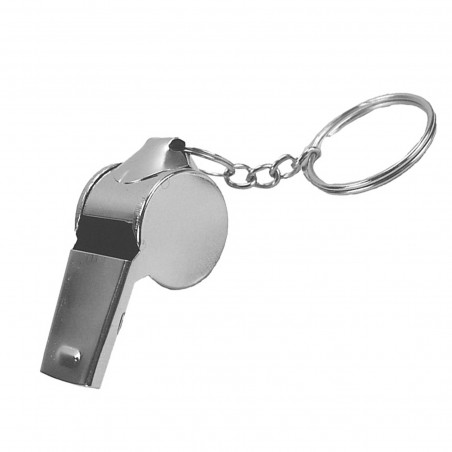 Apito de metal com adesivo de futebol personalizado em caixa de cor preta.