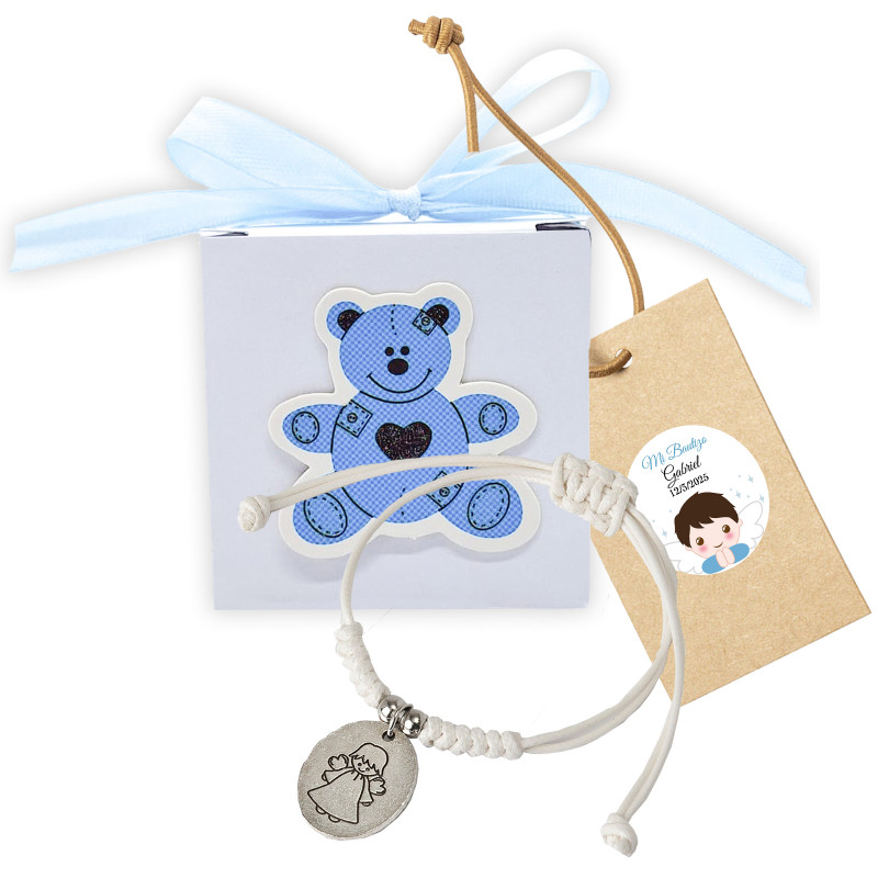 Pulseira com medalha de anjo em caixa com urso azul em relevo personalizada para detalhes de batizado de menino