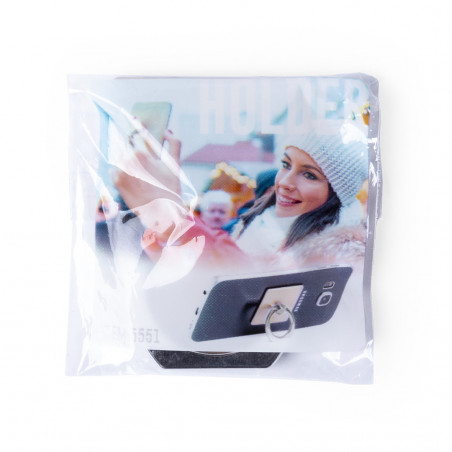 Porta-anel para celular apresentado em bolsa de camurça e adesivo de casamento personalizado