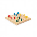Ludo de madeira em saco de algodão com adesivo de agradecimento para detalhes