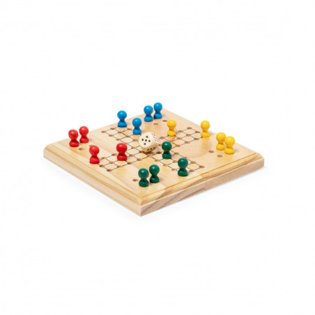 Ludo de madeira em saco de algodão com adesivo de agradecimento para detalhes