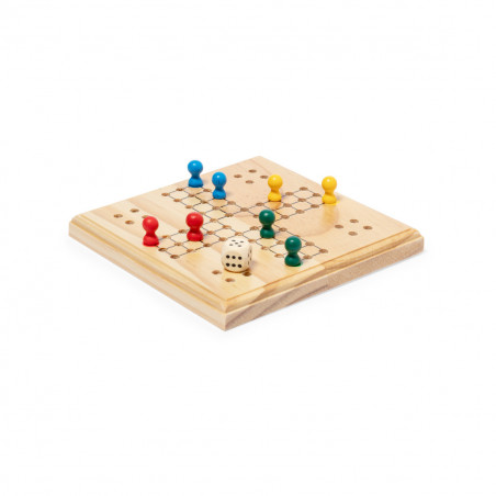 Ludo de madeira em saco de algodão com adesivo de agradecimento para detalhes