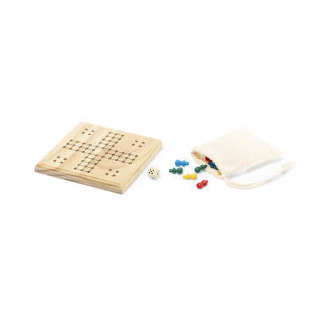 Ludo de madeira em saco de algodão com adesivo de agradecimento para detalhes