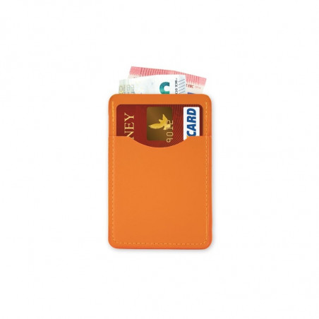Porta-cartões laranja com adesivo de batizado personalizado para mais detalhes
