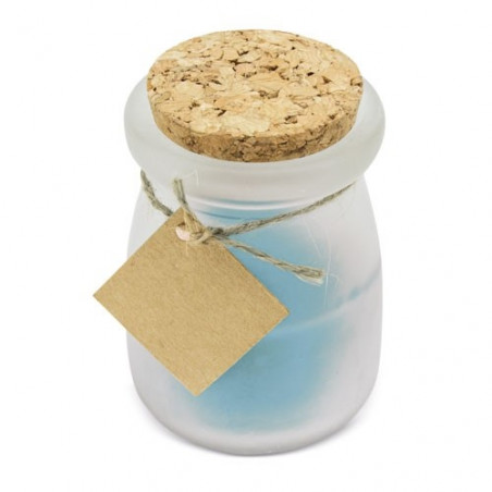 Vela aromática azul com tampa de cortiça e cartão personalizado para Comunhão de menina