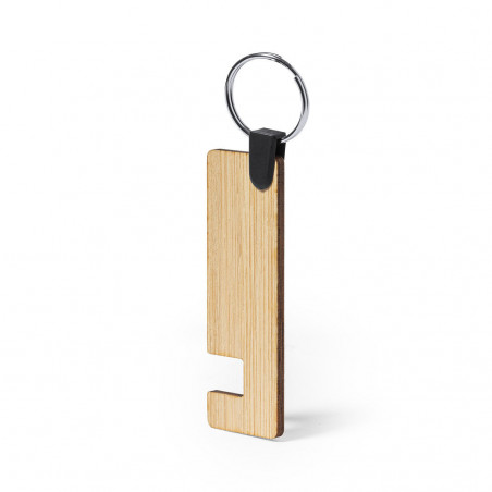 Chaveiro de bambu com suporte para celular em caixa de papelão e adesivos com frases de agradecimento