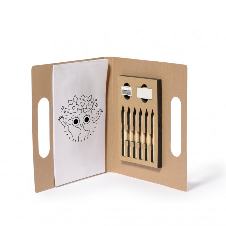 Livro para colorir com lápis, apontador e borracha em pasta personalizada