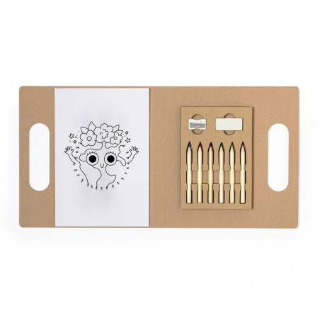 Livro para colorir com lápis, apontador e borracha em pasta personalizada