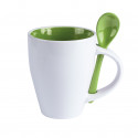 Caneca de cerâmica com colher verde personalizada e adesivo de criança de Comunhão