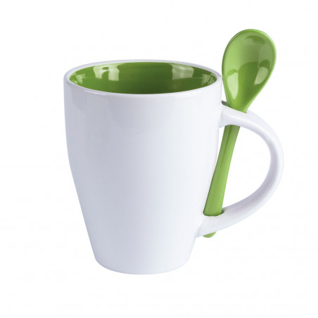 Caneca de cerâmica com colher verde personalizada e adesivo de criança de Comunhão
