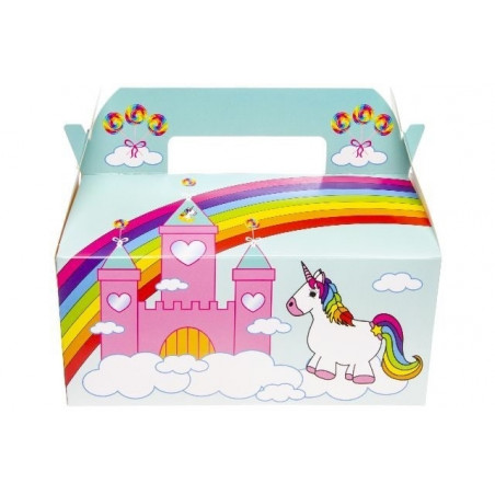 Máscara de unicórnio e saco de doces em uma caixa de papelão combinando para presente de menina