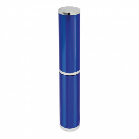 Caneta com estojo metálico azul royal com adesivo noivos de moto para casamentos