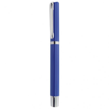 Caneta com estojo metálico azul royal com adesivo noivos de moto para casamentos