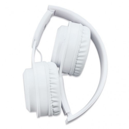 Fones de ouvido bluetooth brancos dobráveis em bolsa de tecido com etiqueta e adesivo personalizável para presentear