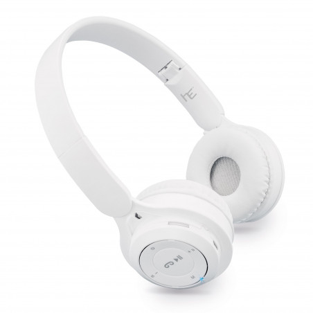 Fones de ouvido bluetooth brancos dobráveis em bolsa de tecido com etiqueta e adesivo personalizável para presentear