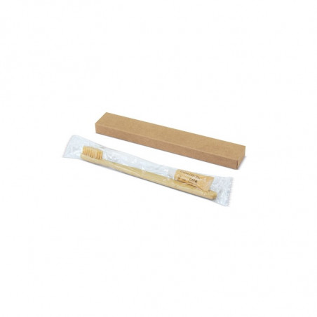Escova de dentes de bambu e pasta de dente em caixa com adesivo para detalhes de eventos e festas