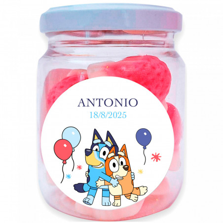 Tarro de guloseimas com morangos de creme e adesivo personalizável detalhe perfeito para eventos