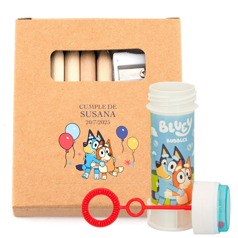 Estuche personalizável com lâminas e lápis de cor com pompero bluey para detalhes de eventos