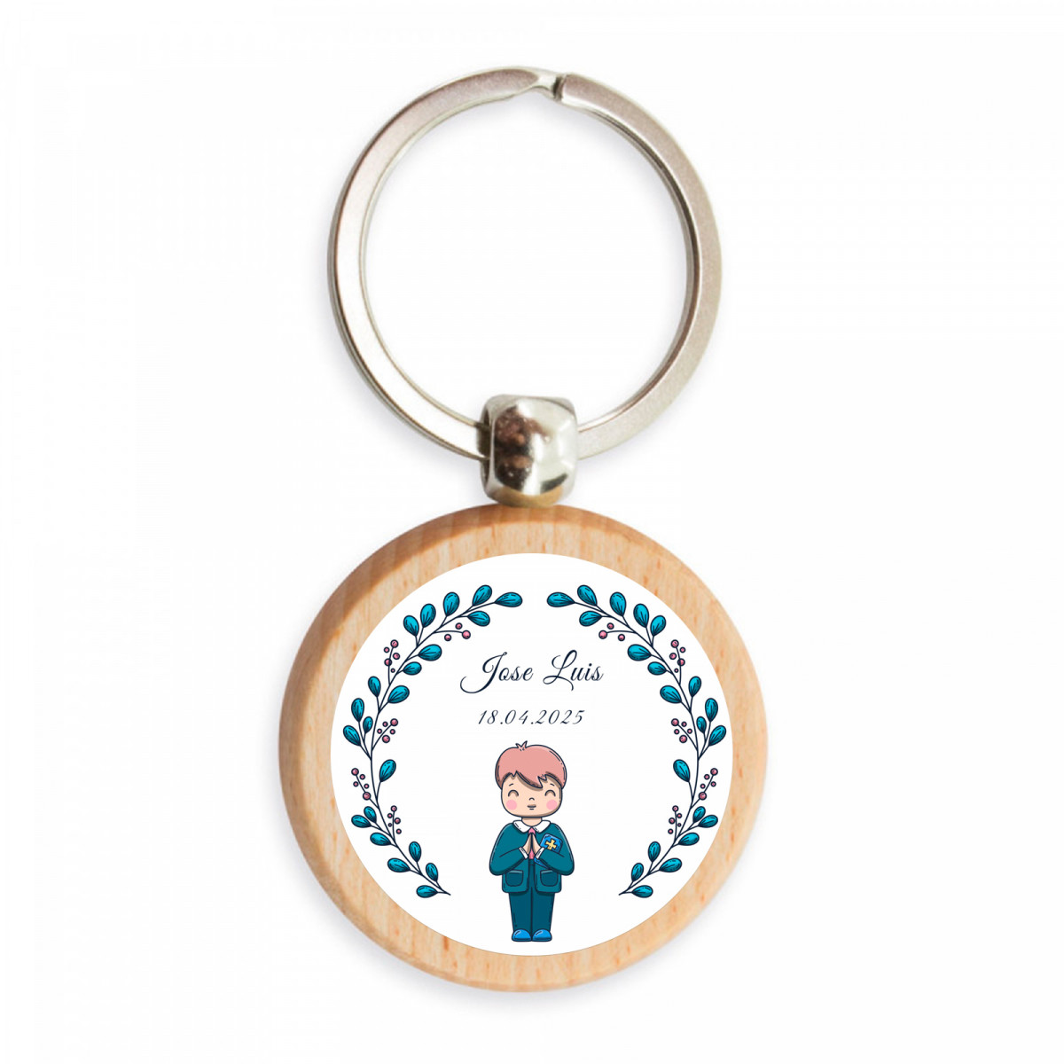 Chaveiro de bambu com adesivo infantil personalizável para detalhes de primeira comunhão