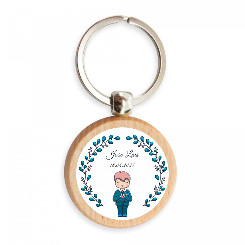 Chaveiro de bambu com adesivo infantil personalizável para detalhes de primeira comunhão