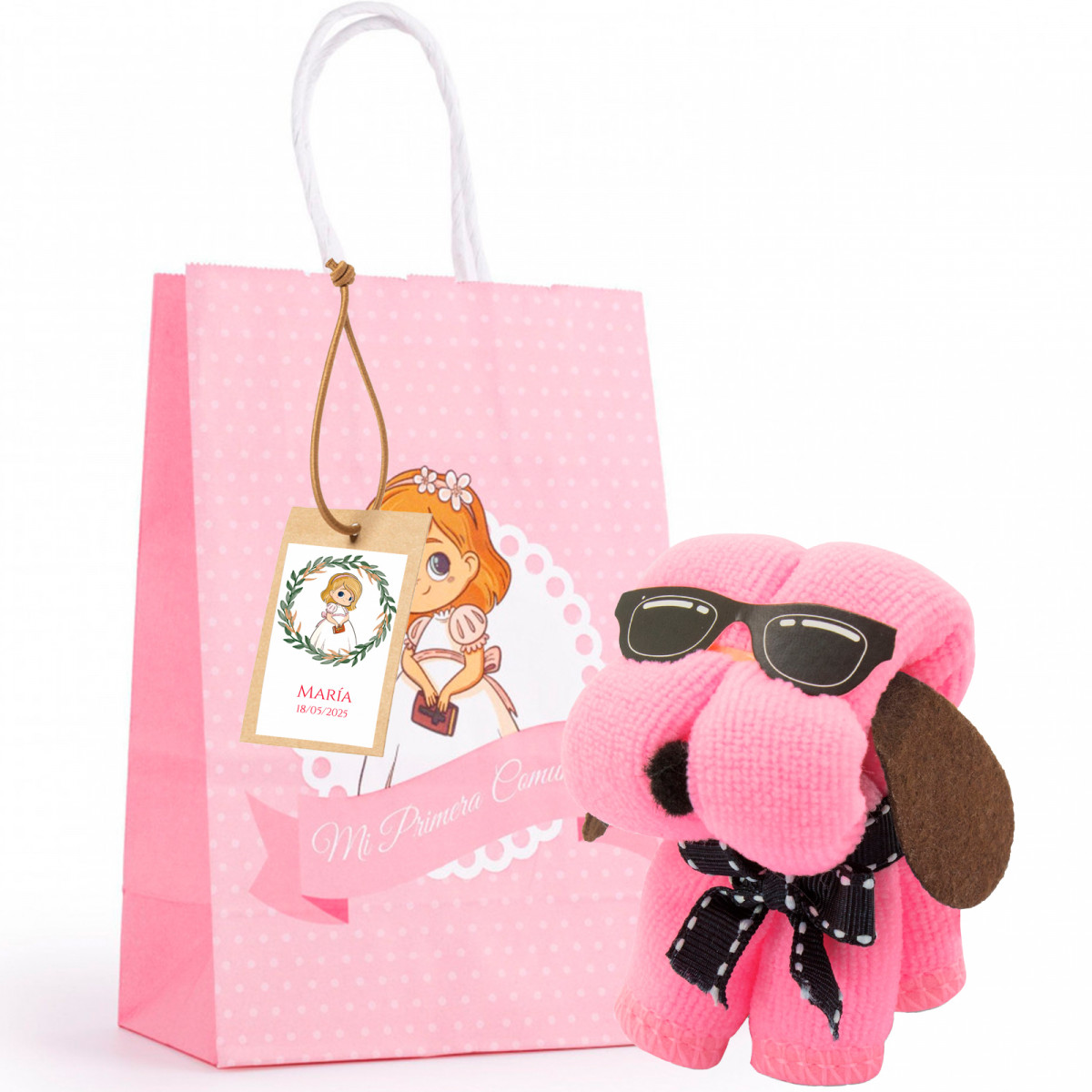 Toalha cachorrinho rosa em bolsa de primeira comunhão com etiqueta pendurada personalizável para presentear