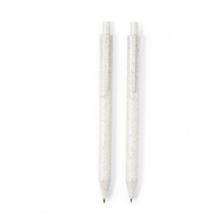 Caneta e lapiseira em um estojo ecológico com adesivos personalizáveis para um casamento.