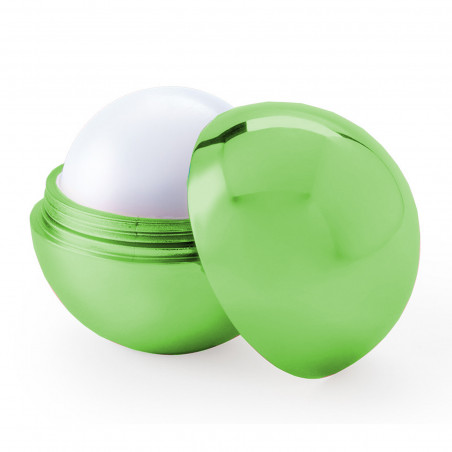 Protetor labial em formato de esfera com caixa personalizada e adesivo