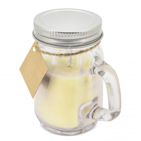 Vela de cristal com tampa de rosca com adesivos de casamento