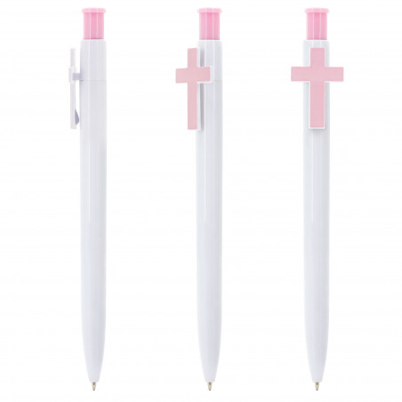 Caneta personalizada para comunhão com cruz rosa e detalhe de pomba em vinil transparente
