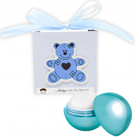 Bálsamo labial azul em caixa com urso em relevo personalizado para detalhes de batizado