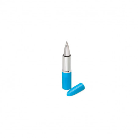 Caneta em forma de batom azul com adesivo personalizado para detalhes de comunhão