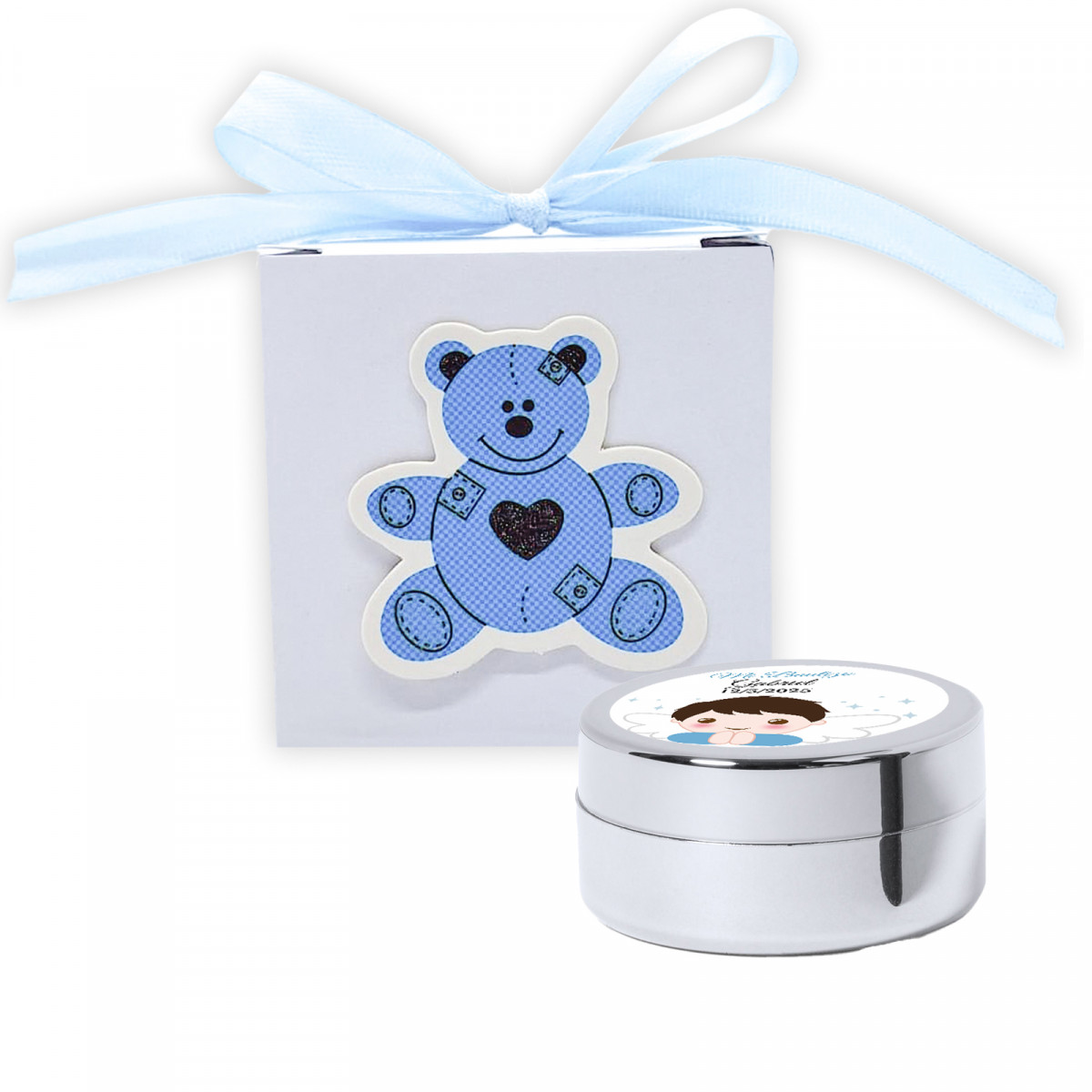 Brilho labial hidratante em caixa com laço e urso azul para batizados com adesivo personalizado