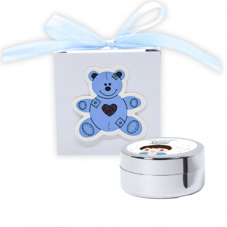 Brilho labial hidratante em caixa com laço e urso azul para batizados com adesivo personalizado