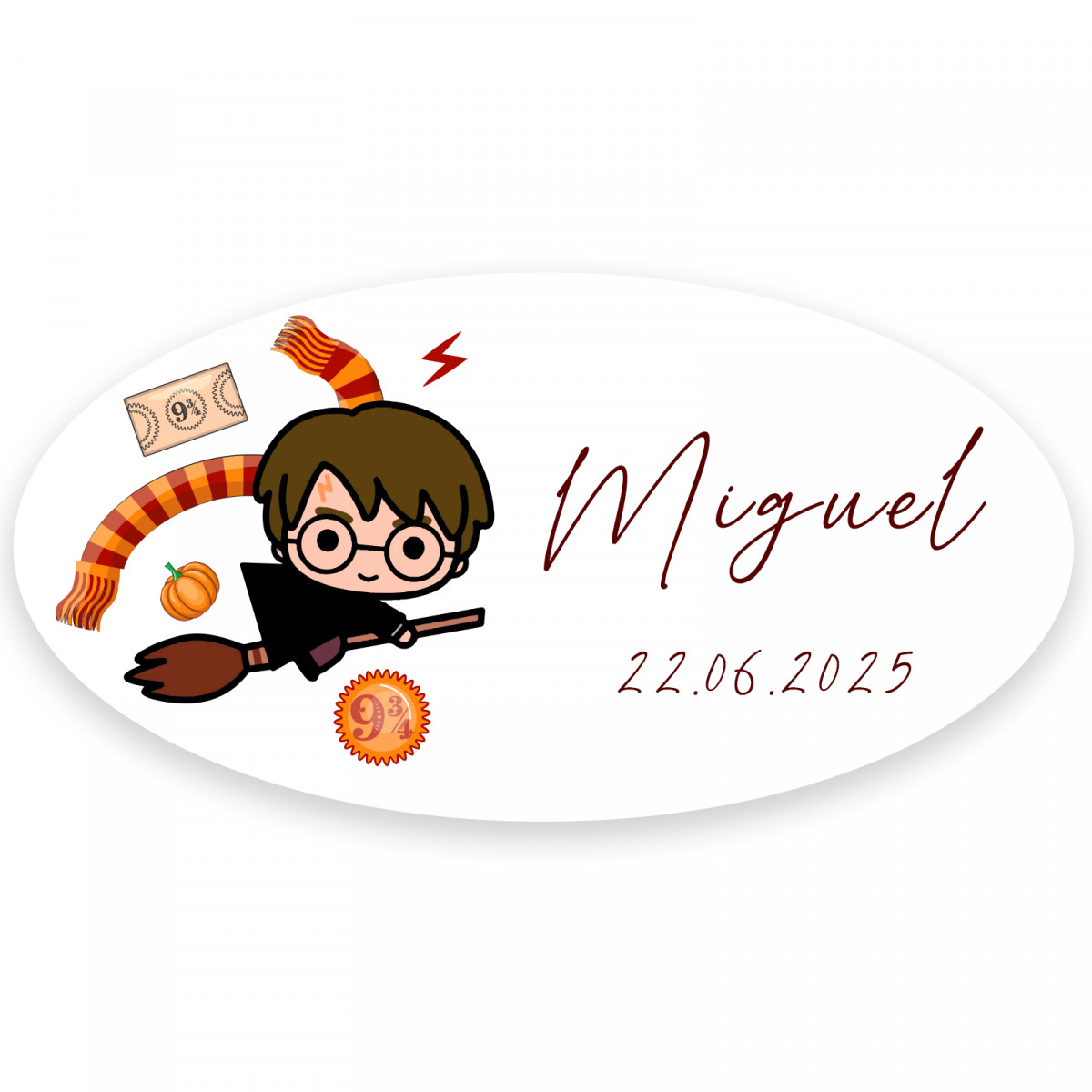 Adesivo ovalado inspirado em harry potter com texto personalizável