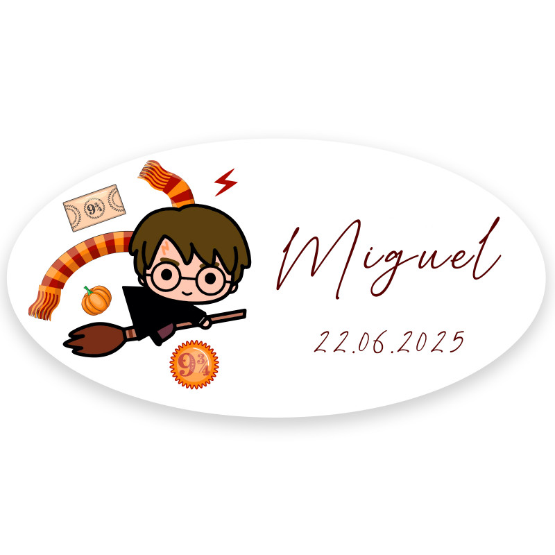 Adesivo ovalado inspirado em harry potter com texto personalizável