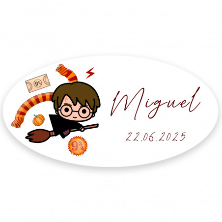Adesivo ovalado inspirado em Harry Potter com texto personalizável