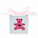 Rosário anjo da guarda em caixa com urso rosa e adesivo personalizável