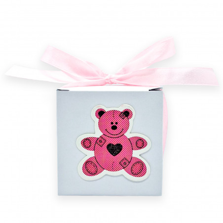 Rosário anjo da guarda em caixa com urso rosa e adesivo personalizável